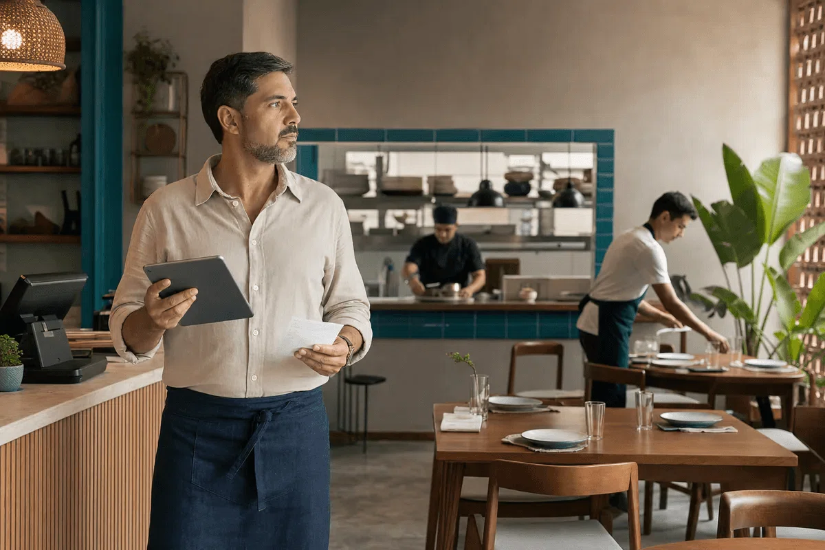 Gestor de restaurante avalia a operação com tablet enquanto acompanha caixa, cozinha e salão.