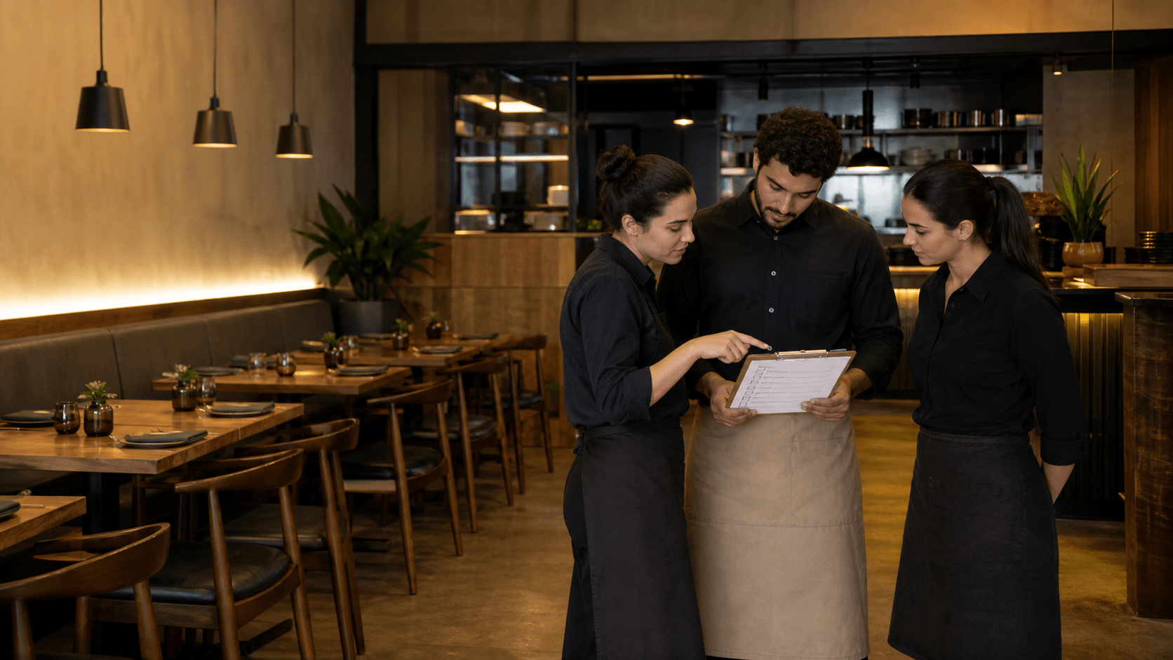 Equipe de restaurante confere o checklist antes da abertura