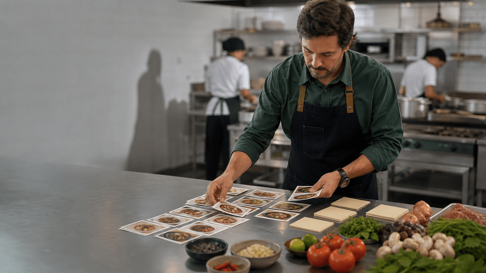 Gestor de restaurante analisa pratos e ingredientes para simplificar o cardápio e a operação.