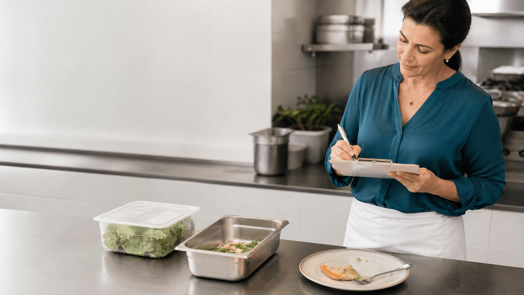 Gestora registra perdas de estoque, sobra limpa e restos de um prato em uma cozinha profissional.