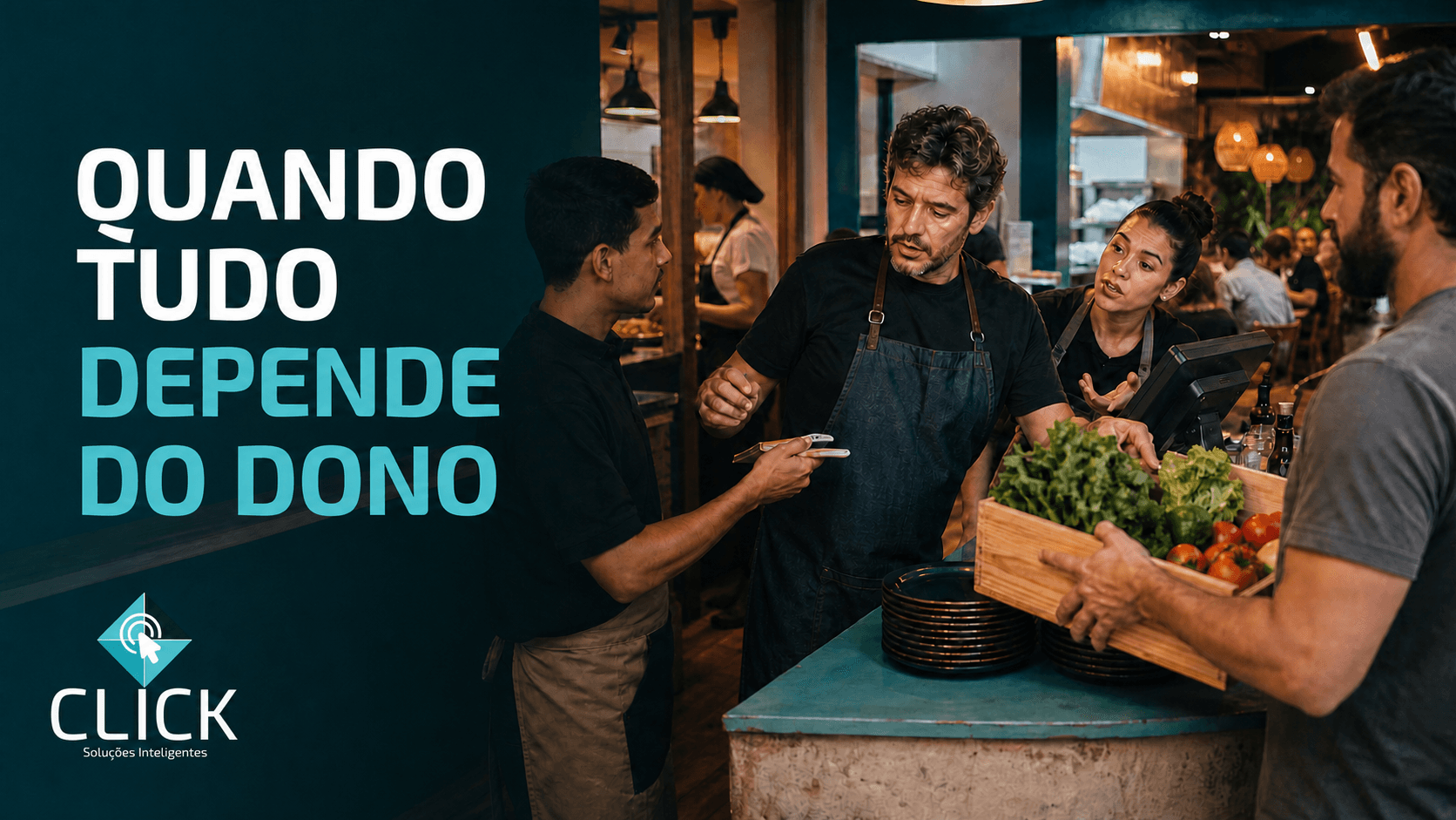 Dono de restaurante sobrecarregado no centro das demandas do caixa, da equipe, dos fornecedores e da gestão.