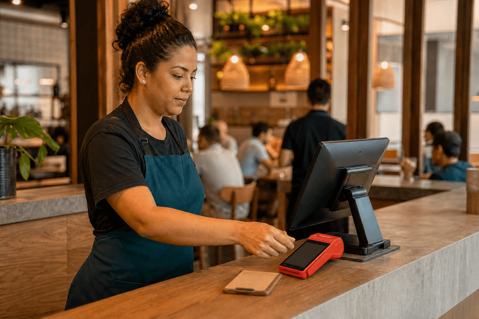 Atendente opera o caixa de um restaurante com uma maquininha Getnet SmartPOS sobre o balcão.