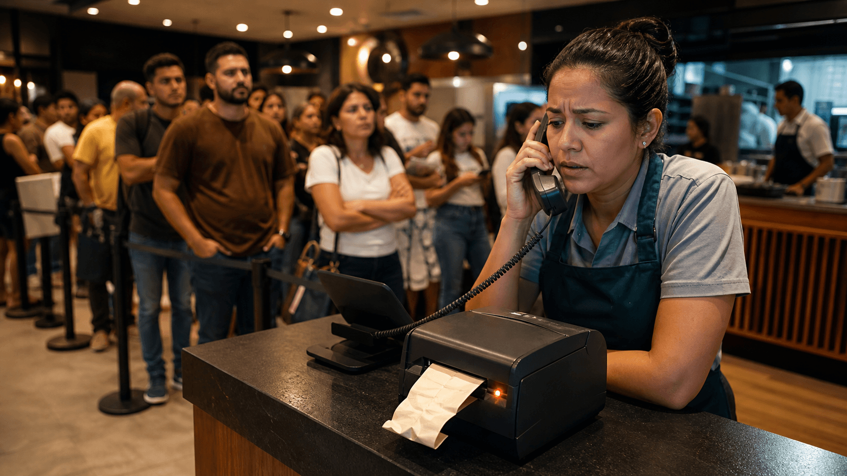 Operadora de caixa fala com o suporte enquanto uma impressora parada atrasa o atendimento e forma uma fila no restaurante.