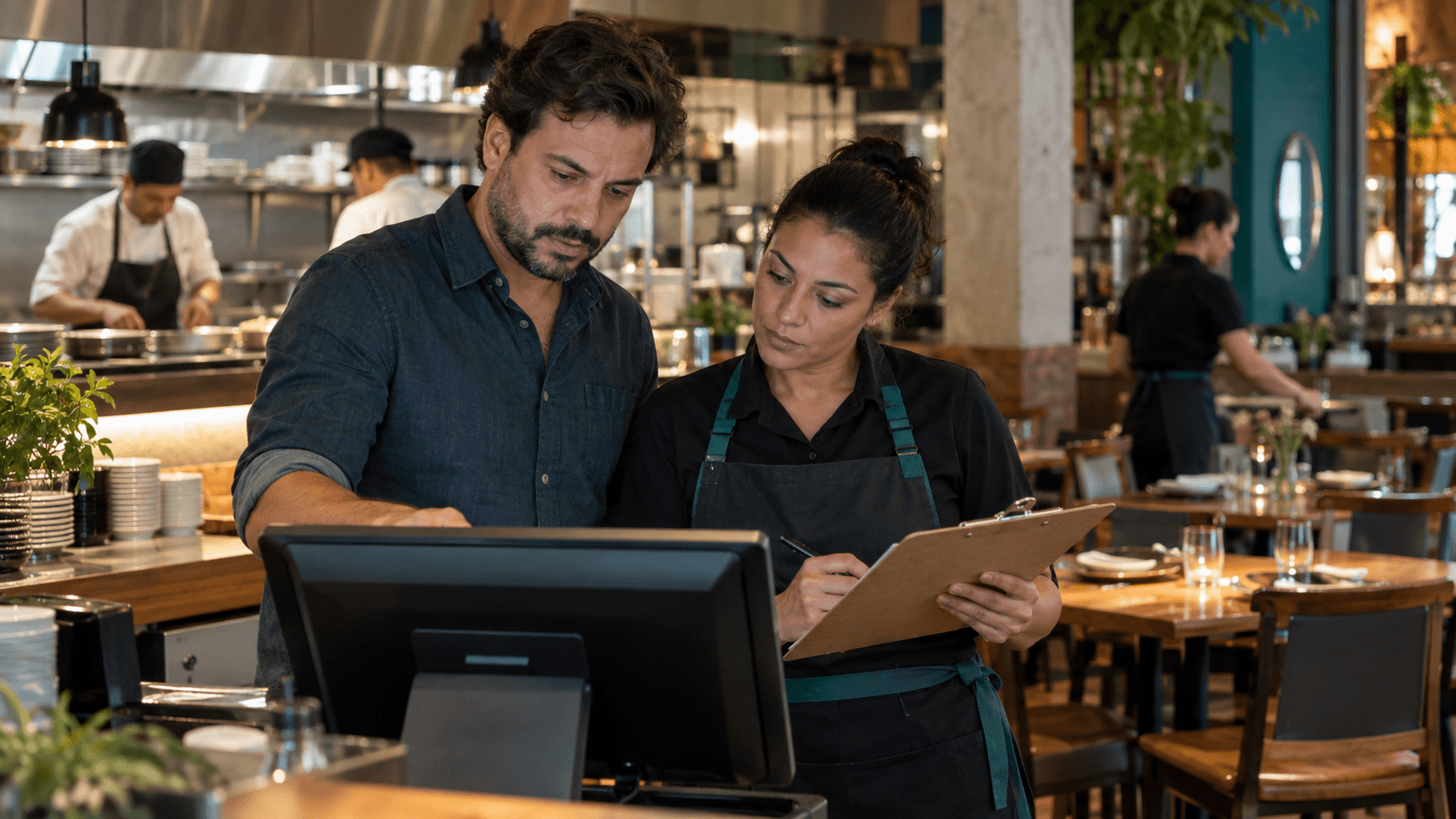 Gestor e funcionária avaliam um terminal de atendimento dentro de um restaurante em funcionamento.