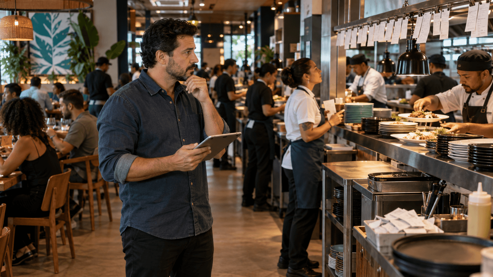 Gestor acompanha a operação de um restaurante durante um período de movimento intenso